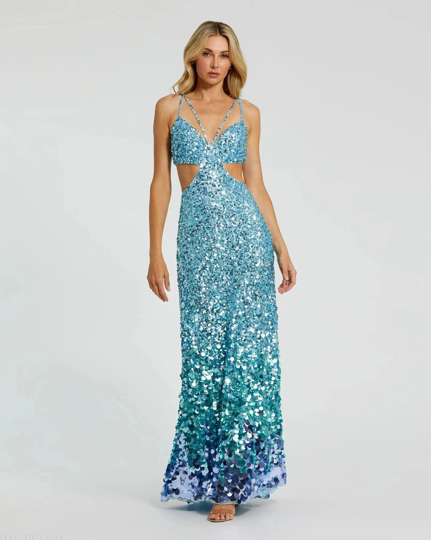 Blue Thin Strap Cut Out Evening Gown With Ombre Sequins