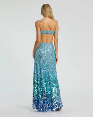 Blue Thin Strap Cut Out Evening Gown With Ombre Sequins