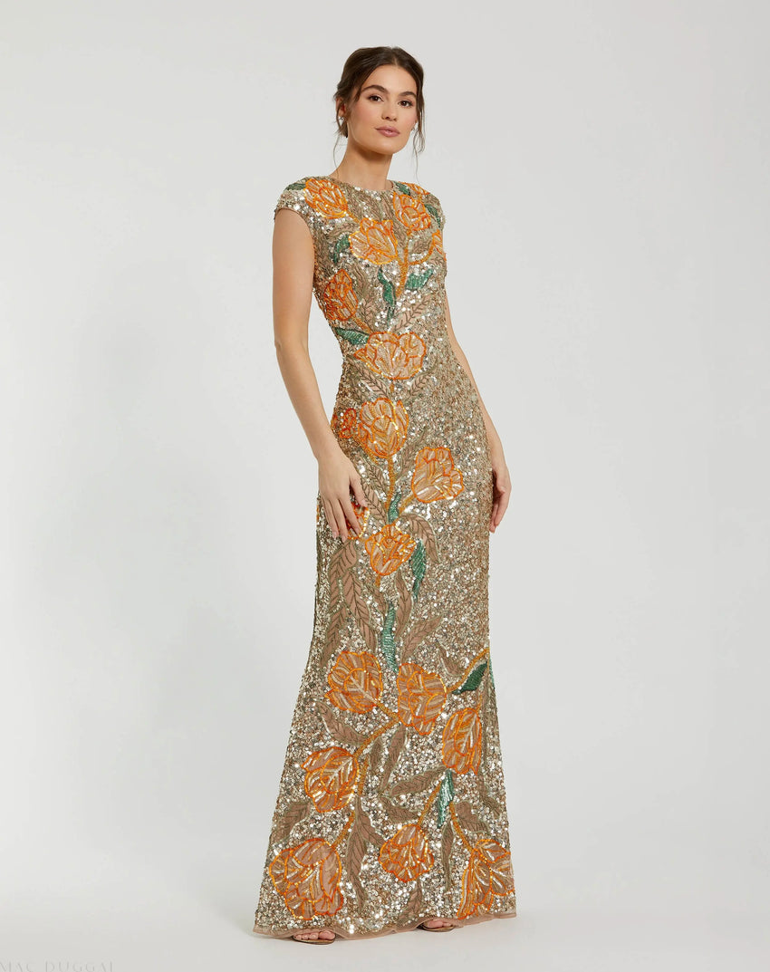 Gold Fitted Cap Sleeve Gown With Floral Beading