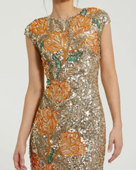 Gold Fitted Cap Sleeve Gown With Floral Beading