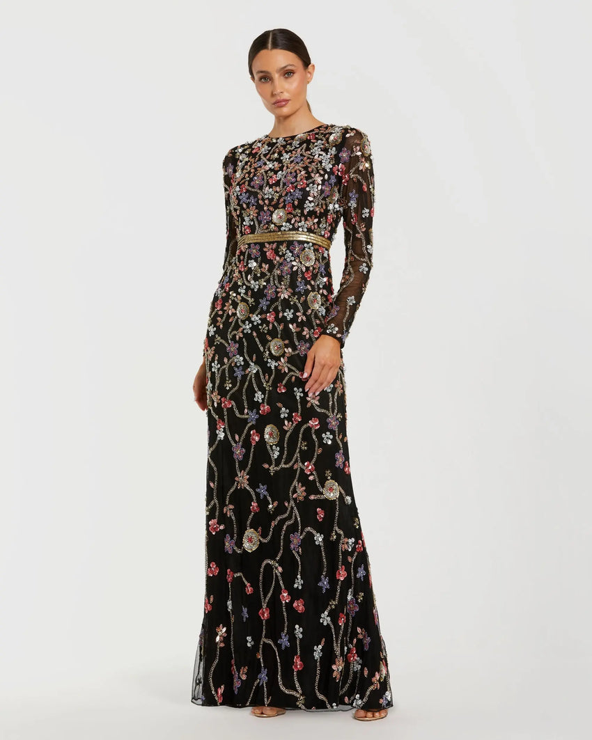 Black Embellished Mesh Long Sleeve Gown