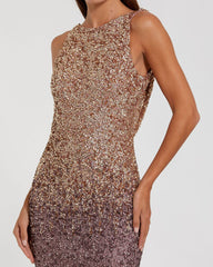Gold Brown Ombre Sequin Cowl Back Gown