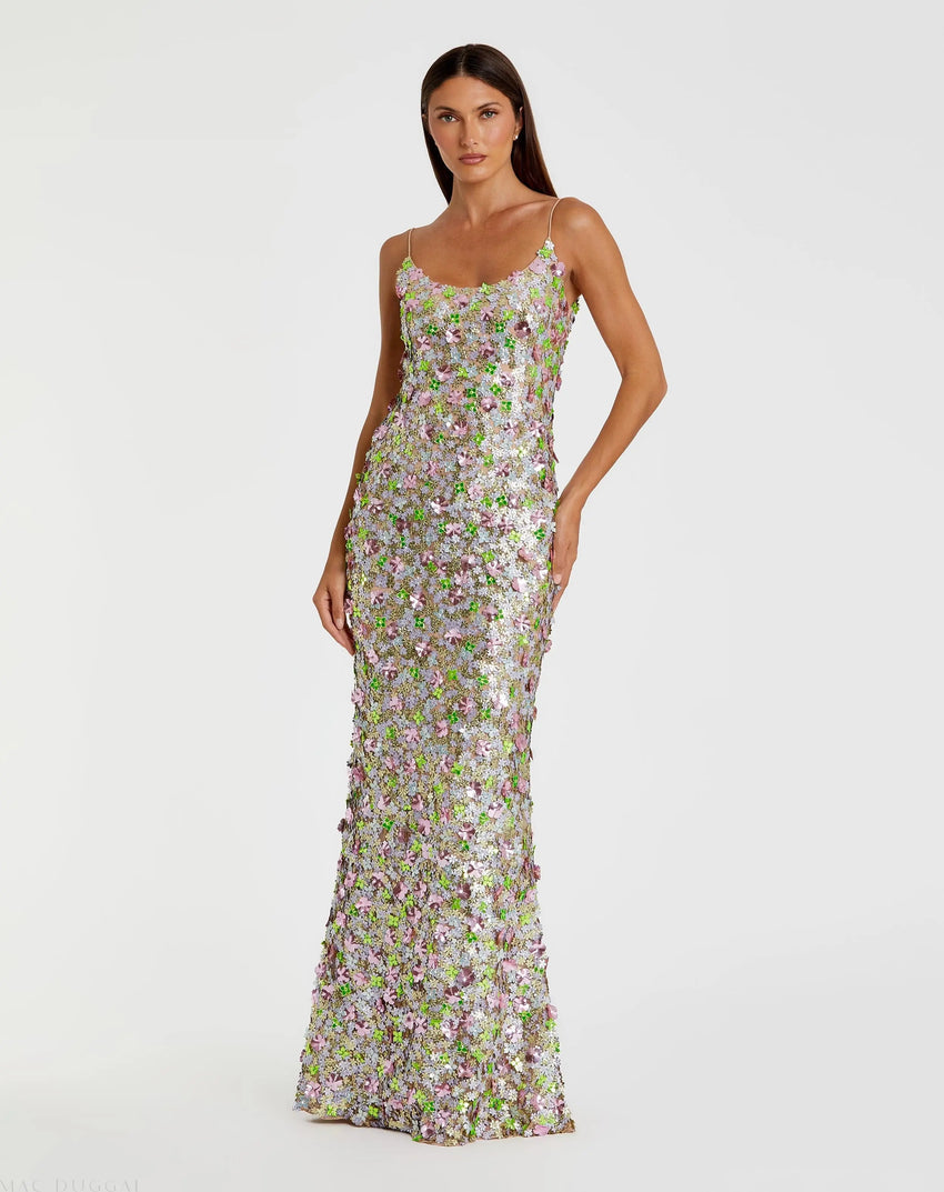 Multicolor Sleeveless Floral Paillette Embellished Mesh Gown