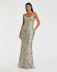 Multicolor Sleeveless Floral Paillette Embellished Mesh Gown