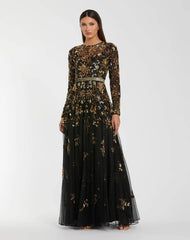 Black Hand Embellished Long Sleeve A Line Gown