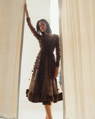 Embellished Illusion High Neck Long Sleeve Fit & Flare Dress