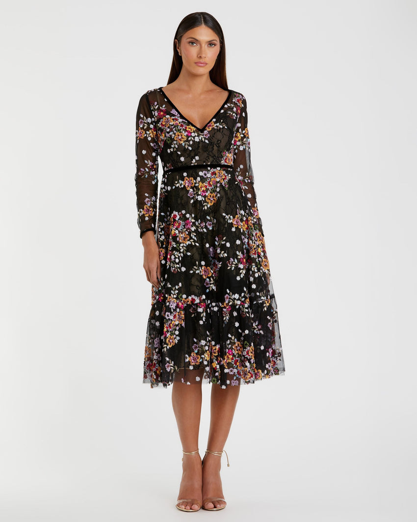 Black Floral Embroidered Tea Length Dress - FINAL SALE