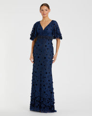 Navy Flutter Sleeve Embellished Lace Gown