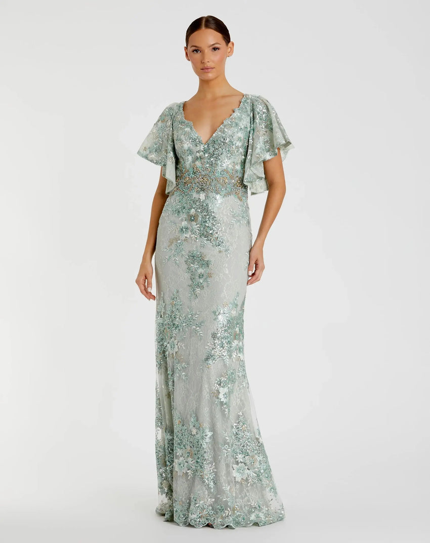 Green Bell Sleeve Floral Embellished Gown