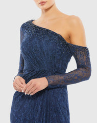 Navy Draped Jewel Encrusted Lace Drop Shoulder Gown