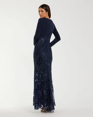 Navy Embellished Long Sleeve Wrap Over Trumpet Gown