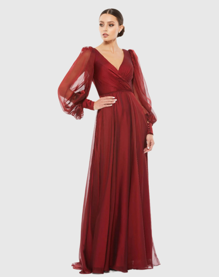 Red Sheer Blouson Sleeve Surplice Gown
