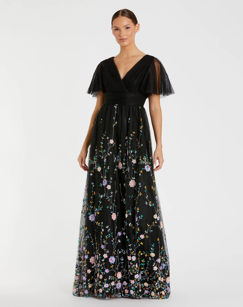 Black Embroidered Butterfly Sleeve Empire Waist Dress