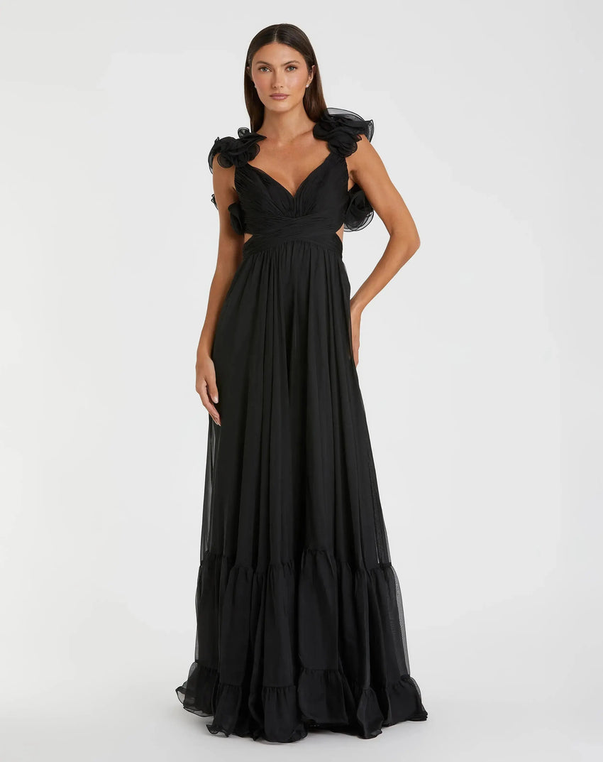 Black Ruffle Tiered Cut-Out Chiffon Gown