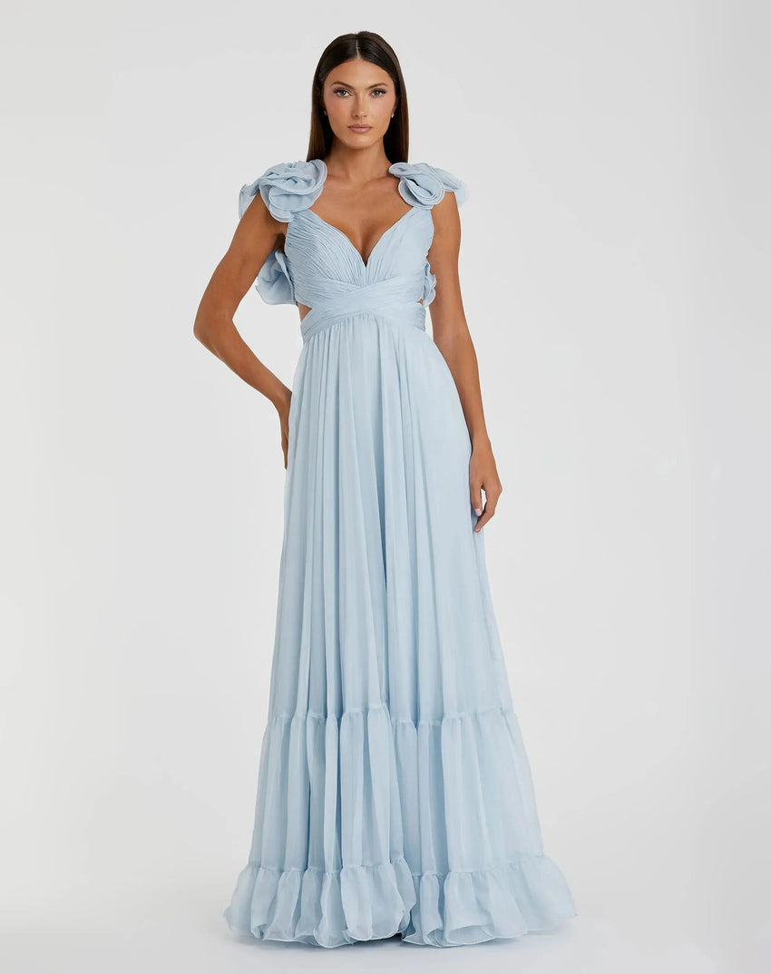 Light Blue Ruffle Tiered Cut-Out Chiffon Gown