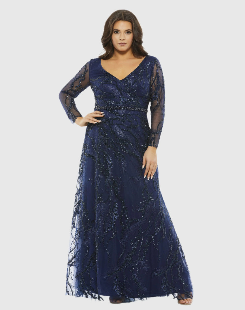 Navy Embellished Illusion Long Sleeve V-Neck A-Line Gown (Plus)