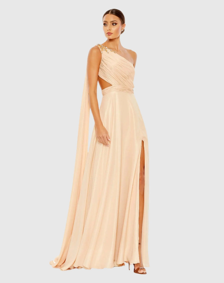 Beige One Shoulder Open Back Flowy Gown