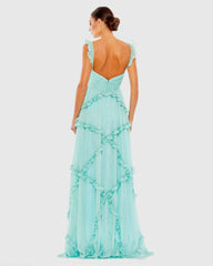 Blue Ruffle Tiered Sleeveless Flowy A Line Gown