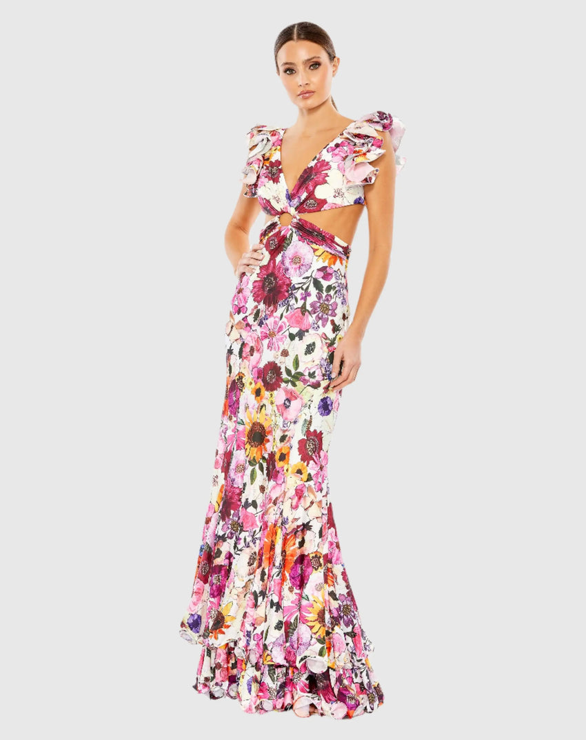 Multicolor Floral Print Ruffle Shoulder Cut Out Gown