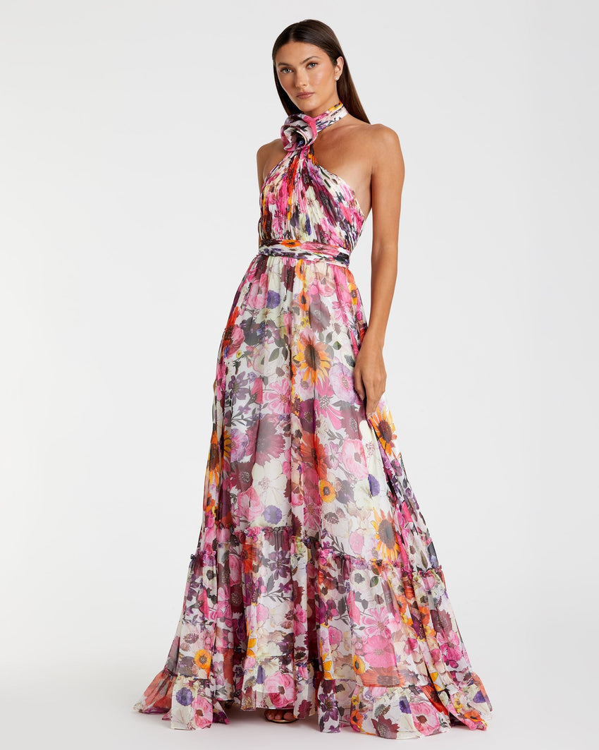 Multicolor Asymmetrical Ruffled Halter Floral Gown