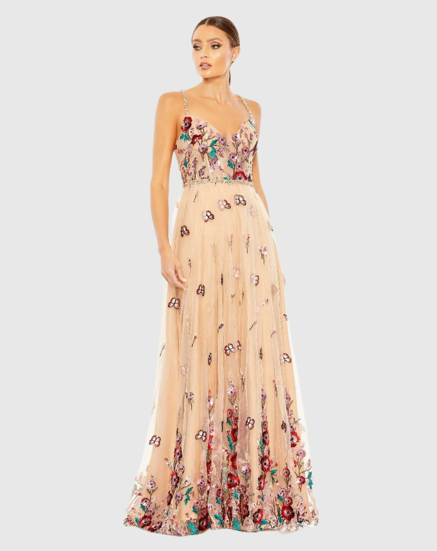 Beige Embellished Floral Detail A Line Gown