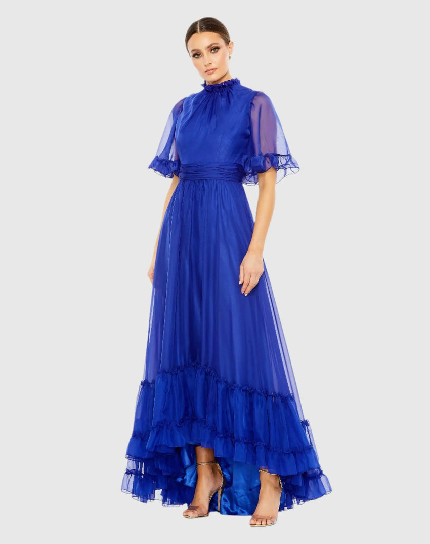 Blue Ruffled Mock Neck Flutter Sleeve High Low Hem Gown
