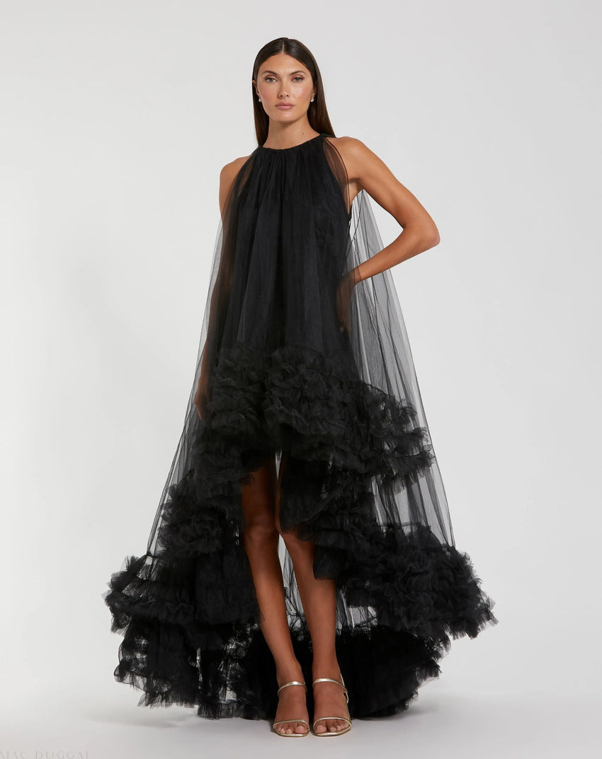 Tulle High Neck Sleeveless Ruffled Hem Hi-Low Gown