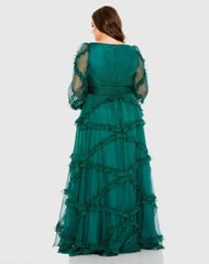 Green V Neck Ruffle Tiered Puff Sleeve Gown (Plus)