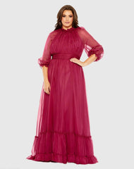 Purple High Neck Puff Sleeve Tiered A Line Gown (Plus)