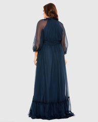 Navy High Neck Puff Sleeve Tiered A Line Gown (Plus)