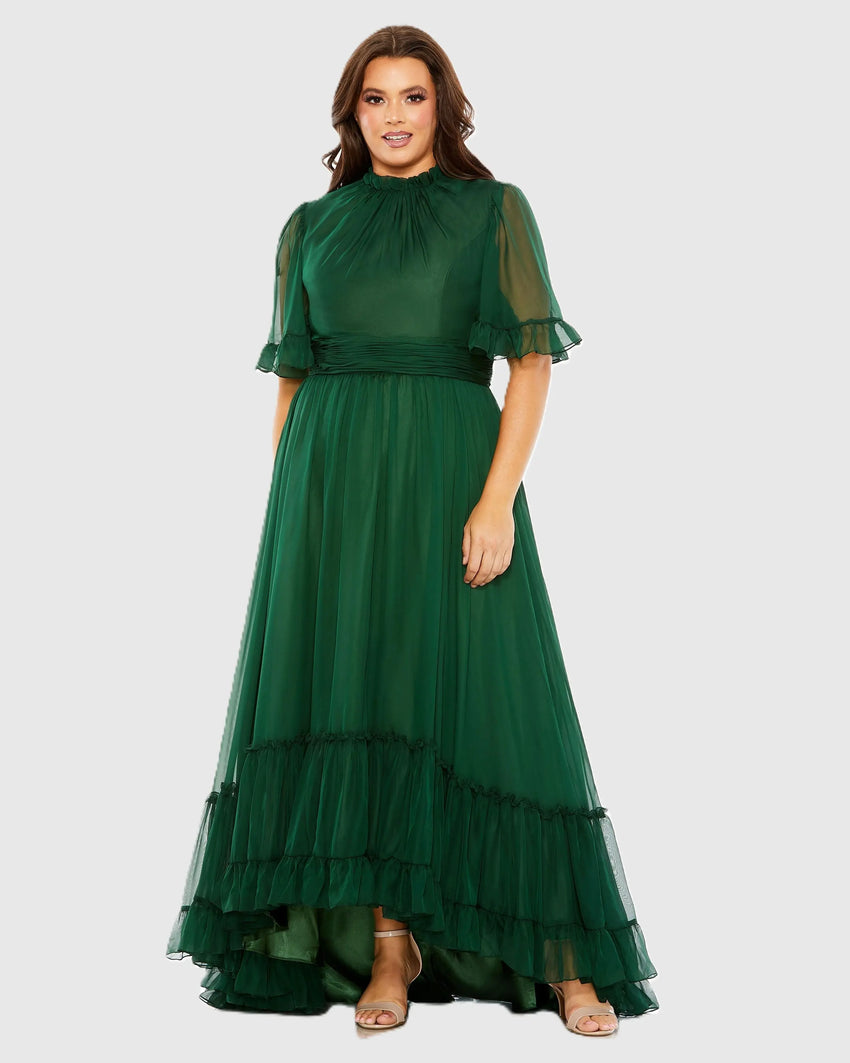 Green Ruffle Tiered High Low Flutter Sleeve Gown (Plus)