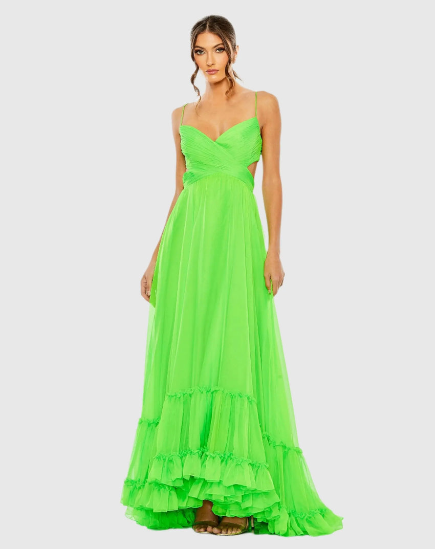 Green Ruched Tiered Spaghetti Strap Gown