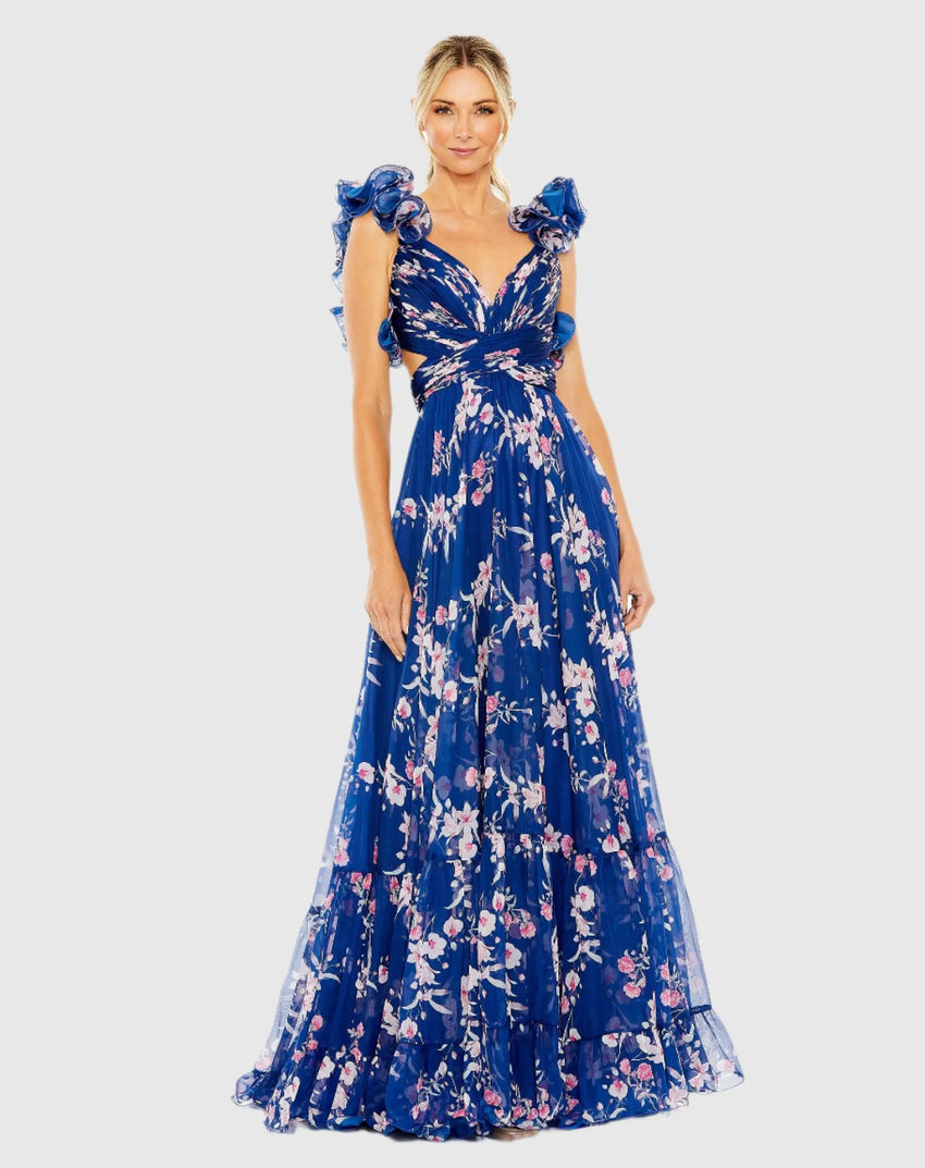 Blue Ruffle Tiered Floral Cut-Out Chiffon Gown