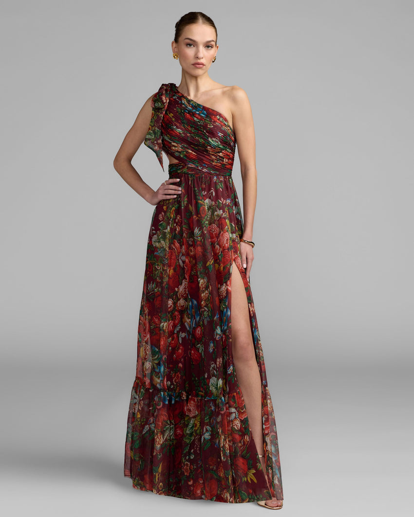 Wine Multi One Shoulder Floral Printed Chiffon Side Cut Out Gown
