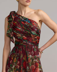 Wine Multi One Shoulder Floral Printed Chiffon Side Cut Out Gown
