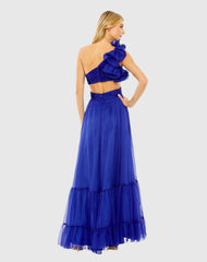 Blue One Shoulder Ruffle Tiered Cut-Out Chiffon Gown