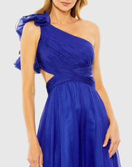Blue One Shoulder Ruffle Tiered Cut-Out Chiffon Gown
