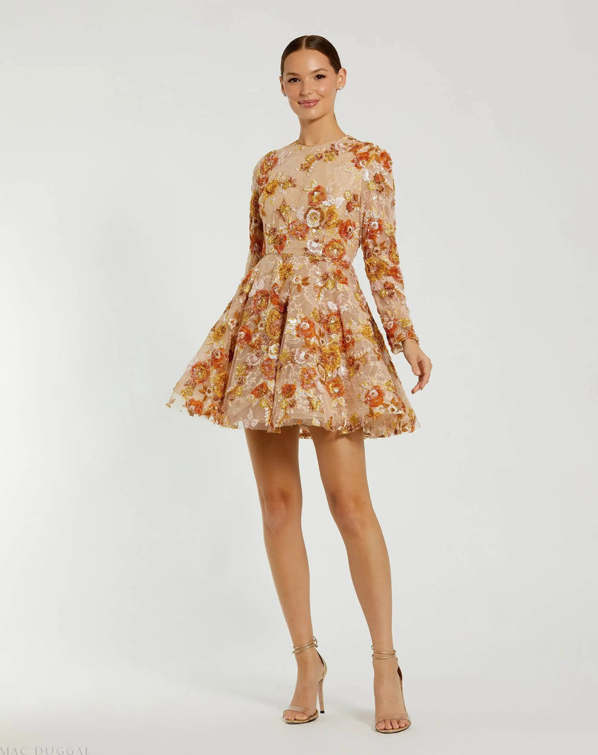 Beige High Neck Long Sleeve Sequin A Line Mini Dress