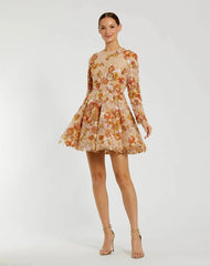 Beige High Neck Long Sleeve Sequin A Line Mini Dress