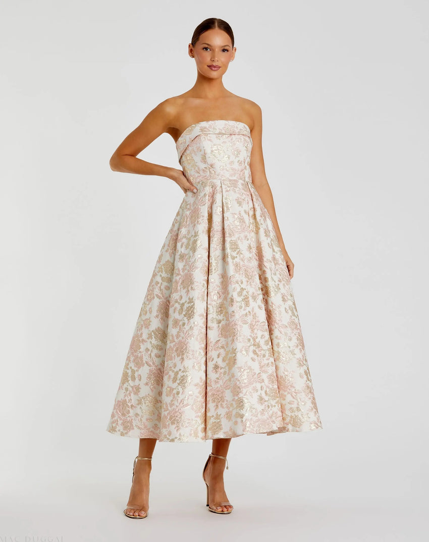 Pink and White Strapless Floral Brocade A Line Midi Dress