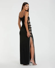 Black Thin Strap Jersey Gown With Bow Details