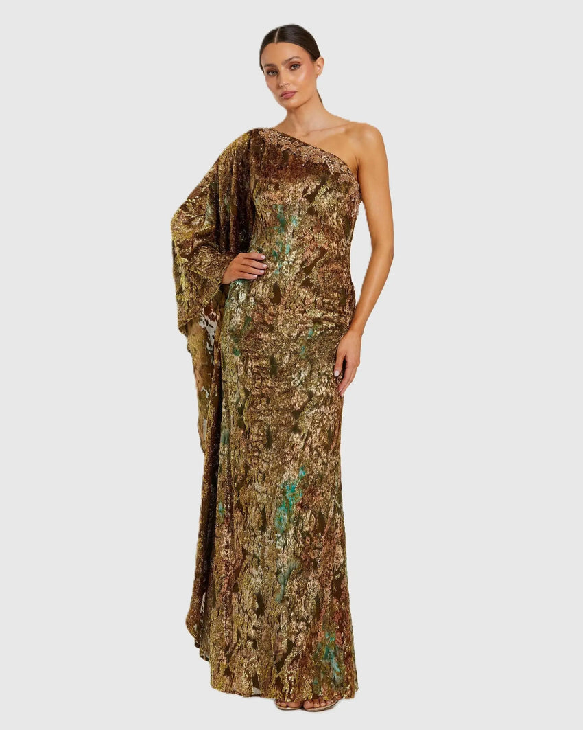 Gold Multi One Shoulder Metallic Burnout Velvet Evening Gown