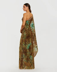 Gold Multi One Shoulder Metallic Burnout Velvet Evening Gown