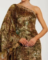 Gold Multi One Shoulder Metallic Burnout Velvet Evening Gown