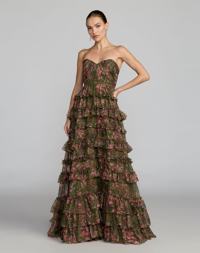 Green Floral Strapless Tiered Ruffle A-Line Gown