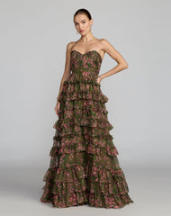 Green Floral Strapless Tiered Ruffle A-Line Gown