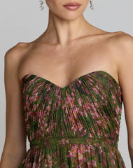 Green Floral Strapless Tiered Ruffle A-Line Gown