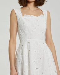 White Embroidered Cotton A-Line Midi Dress