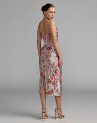Light Pink Floral Brocade Bow Strap Midi Dress