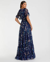 Navy Multicolor Flounce Sleeve Floral Gown